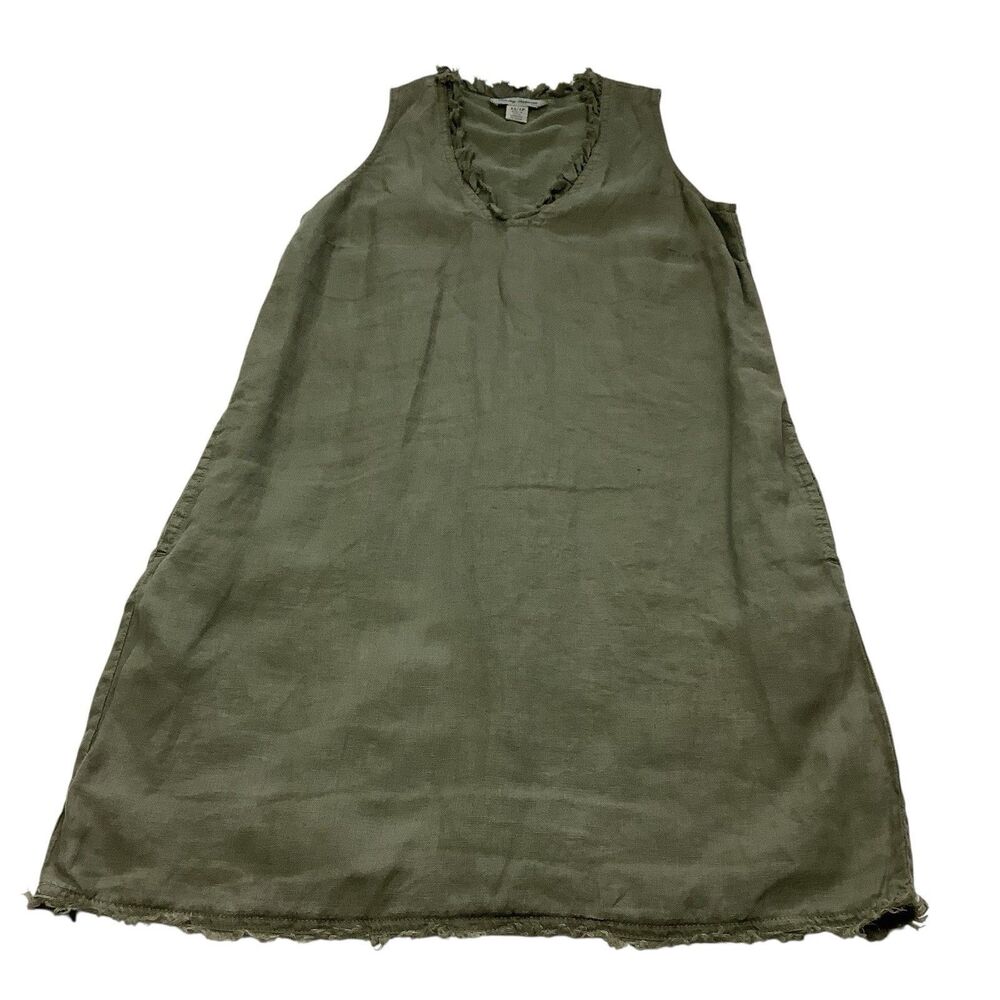 Tommy Bahama Olive Green Linen Ruffle V-Neck Shift Dress Frayed Hem Women XS